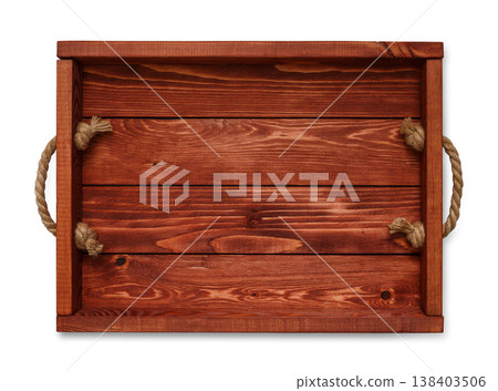 A square wood tray with copy space isolated on white background, top view 138403506