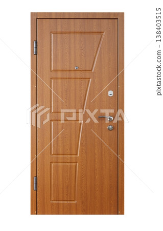 Closed alder wooden door isolated at white background. Image of a closed door. Entrance to apartment. Brown wood, designed and textured front door with lock and handle. Modern Door design. Closed alder wooden door isolated at white background. Image of a closed door. Entrance to apartment. Brown wood, designed and textured front door with lock and handle. Modern Door design. 138403515