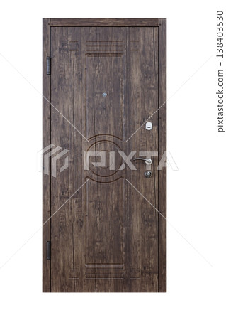 Closed palisander wooden door isolated at white background. Image of a closed door. Entrance to apartment. Dark brown wood, designed and textured front door with lock and handle. Modern Door design. 138403530