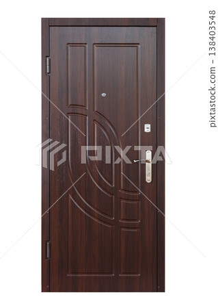 Closed wenge wooden door isolated at white background. Image of a closed door. Entrance to apartment. Dark brown wood, designed and textured front door with lock and handle. Modern Door design. 138403548