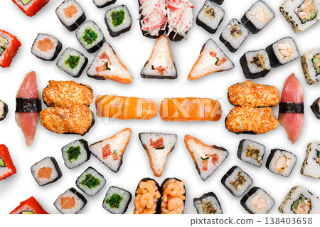 Japanese food restaurant delivery - sushi maki california roll big party platter set isolated on white background, above view 138403658