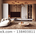 Modern Living Room with Amber Chandelier and Wooden TV Wall 138403811