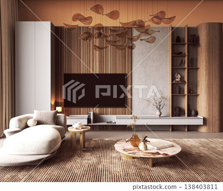 Modern Living Room with Amber Chandelier and Wooden TV Wall 138403811