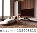 Modern Living Room with Chaise Lounge and Wooden TV Wall 138403813