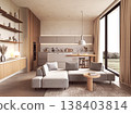 Modern Open Plan Living Room and Japandi Kitchen 138403814