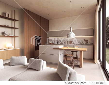 Open Plan Modern Living Room and Kitchen Open Plan Modern Living Room and Kitchen 138403818