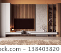Modern TV Wall with Wooden Slats and Shelving 138403820