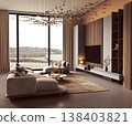Modern Living Room with Large Sofa and Scenic Window View 138403821