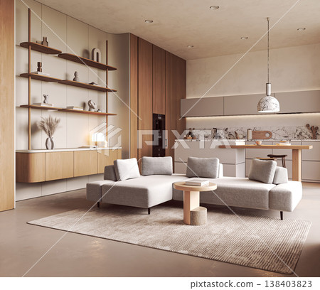 Modern Japandi Open Plan Living Room and Kitchen 138403823