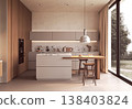 Contemporary Kitchen with Marble Island and Wooden Dining Table 138403824