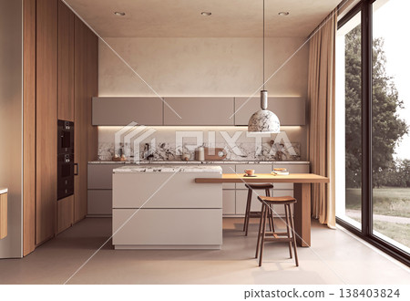 Contemporary Kitchen with Marble Island and Wooden Dining Table 138403824