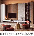 Modern Living Room with Terracotta Chairs and Wooden Wall Panel 138403826