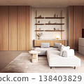 Modern Japandi Living Room with Wooden Paneling 138403829