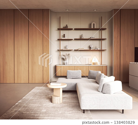 Modern Japandi Living Room with Wooden Paneling Modern Japandi Living Room with Wooden Paneling 138403829