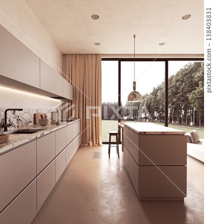 Modern Minimalist Kitchen with Nature View 138403831