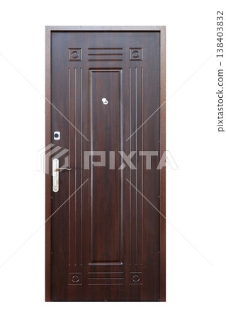 Closed wenge wooden door isolated at white background. Image of a closed door. Entrance to apartment. Dark brown wood, designed and textured front door with lock and handle. Modern Door design. Closed wenge wooden door isolated at white background. Image of a closed door. Entrance to apartment. Dark brown wood, designed and textured front door with lock and handle. Modern Door design. 138403832