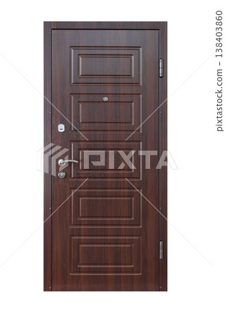 Closed wenge wooden door isolated at white background. Image of a closed door. Entrance to apartment. Dark brown wood, designed and textured front door with lock and handle. Modern Door design. Closed wenge wooden door isolated at white background. Image of a closed door. Entrance to apartment. Dark brown wood, designed and textured front door with lock and handle. Modern Door design. 138403860