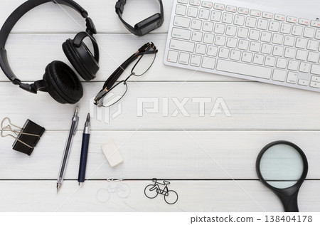 Education, office and work concept, top view of white workplace. Stationery supplies on wooden desktop, flat lay, copy space, template Education, office and work concept, top view of white workplace. Stationery supplies on wooden desktop, flat lay, copy space, template 138404178