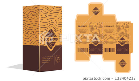 Wood Texture Packaging Template with Dieline Layout, Unfolded Box Design with Timber Grain Background and Logo Elements 138404232