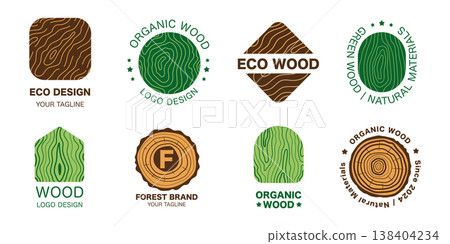 Wood Texture Logo Set with Rustic Emblems, Stamps and Badges, Natural Timber Grain Branding Elements for Organic Identity Design 138404234