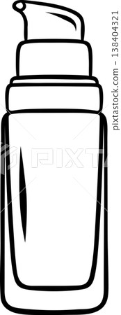 Black and white doodle of a foundation bottle with pump. Minimalist makeup icon for cosmetic packaging or beauty illustrations Black and white doodle of a foundation bottle with pump. Minimalist makeup icon for cosmetic packaging or beauty illustrations 138404321