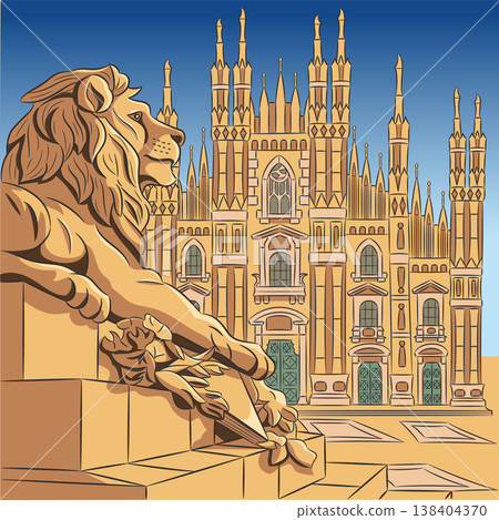 Lion statue and Milan Cathedral facade, Italy vector illustration Lion statue and Milan Cathedral facade, Italy vector illustration 138404370