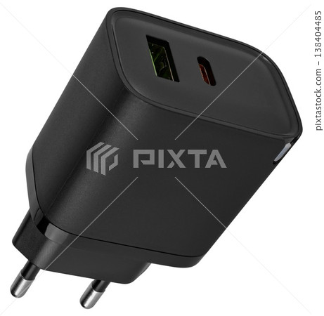 Close-up of a black phone power adapter with a minimalist design Close-up of a black phone power adapter with a minimalist design 138404485