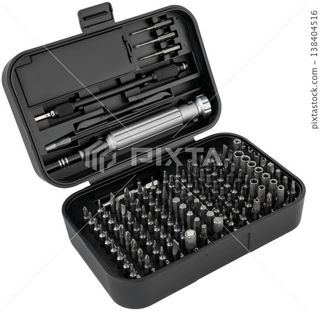 Tool kit for repairing smartphones, laptops, and electronics, on a white background with a border 138404516