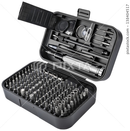 Professional set of screwdrivers and bits for gadget repair, on a white background with a border Professional set of screwdrivers and bits for gadget repair, on a white background with a border 138404517