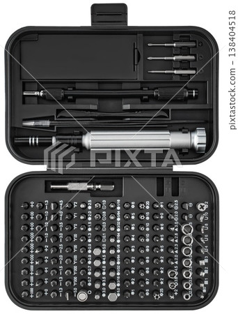 Tools for electronics repair in a compact folding case, on a white background with a border 138404518