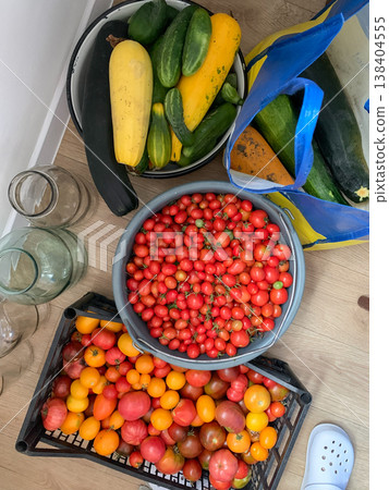 Fresh produce from the garden includes various types of tomatoes, cucumbers, and squash. The items are collected and displayed in containers ready for use in meals Fresh produce from the garden includes various types of tomatoes, cucumbers, and squash. The items are collected and displayed in containers ready for use in meals 138404555