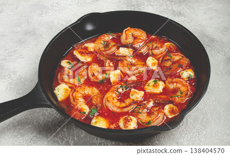 Greek saganaki, in an iron pan, saganaki with shrimp, shrimp in tomato sauce, with pepper and feta cheese, homemade, no people, Greek saganaki, in an iron pan, saganaki with shrimp, shrimp in tomato sauce, with pepper and feta cheese, homemade, no people, 138404570