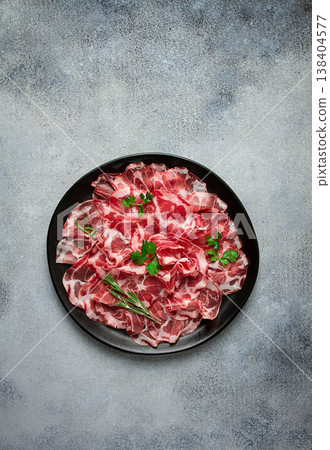 sliced cured ham, prosciutto, italian dish, delicacy, parma ham, top view, no people, sliced cured ham, prosciutto, italian dish, delicacy, parma ham, top view, no people, 138404577