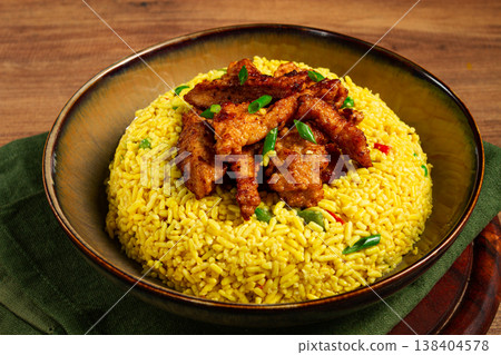 crispy chicken fillet in soy sauce, with fried rice, homemade, no people, crispy chicken fillet in soy sauce, with fried rice, homemade, no people, 138404578