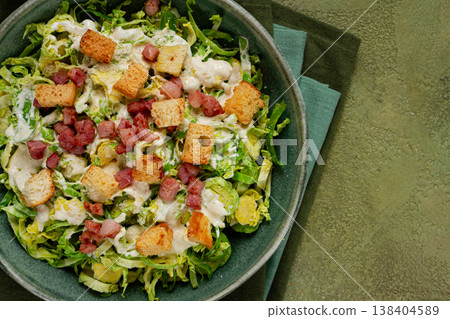 Brussels sprouts Caesar salad, with bacon and croutons, healthy food, homemade, no people, 138404589