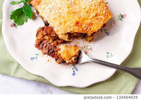 sliced moussaka, Greek dish, baked eggplant with minced meat, with bechamel sauce, home cooking, sliced moussaka, Greek dish, baked eggplant with minced meat, with bechamel sauce, home cooking, 138404639