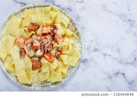 papardelle pasta in creamy sauce with seafood, homemade, no people, 138404646
