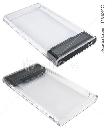 Hard drive or SSD enclosure with quick-connect functionality and a compact design, shown against Hard drive or SSD enclosure with quick-connect functionality and a compact design, shown against 138404672