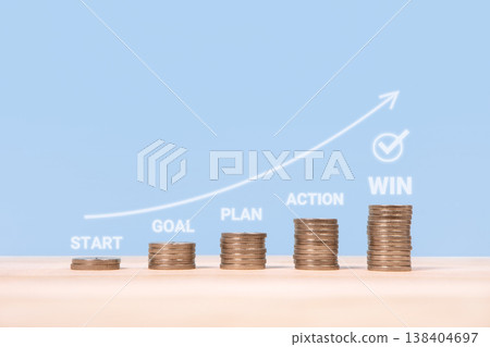 Stacks of coins with red arrow pointing up as concept of success strategy with words start, goal, plan, action, win as symbol goal achievement, business project management workflow 138404697