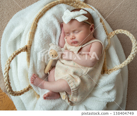 Full body portrait of sleeping newborn baby in woven basket. Soft neutral tones and peaceful atmosphere. Concept of safety, care, protection and early parenthood. Full body portrait of sleeping newborn baby in woven basket. Soft neutral tones and peaceful atmosphere. Concept of safety, care, protection and early parenthood. 138404749