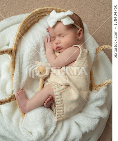 Full body portrait of sleeping newborn baby in woven basket. Soft neutral tones and peaceful atmosphere. Concept of safety, care, protection and early parenthood. Full body portrait of sleeping newborn baby in woven basket. Soft neutral tones and peaceful atmosphere. Concept of safety, care, protection and early parenthood. 138404750