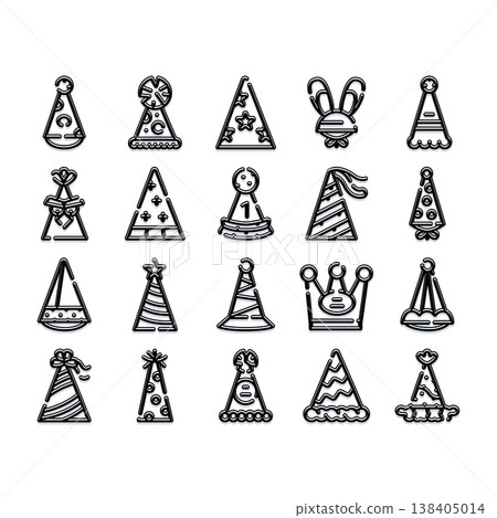 Party hats collection line art icons for celebrating events Party hats collection line art icons for celebrating events 138405014