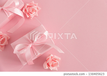 Pink Gift Boxes and Roses. Romantic Valentines  or Mothers Day Flatlay on Soft Pink Background 138405623