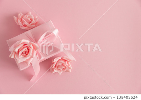 Pink Gift Boxes and Roses. Romantic Valentines or Mothers Day Flatlay on Soft Pink Background Pink Gift Boxes and Roses. Romantic Valentines or Mothers Day Flatlay on Soft Pink Background 138405624