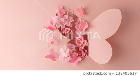 Paper Butterfly Cut Out with Flowers on Pink Background Paper Butterfly Cut Out with Flowers on Pink Background 138405637