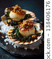 Pan Seared Scallops on Shells with Crispy Kale and Sea Salt 138406176