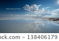 Reflective Salt Flat Landscape with Welcome Summer Text 138406179