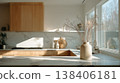Bright Scandinavian Kitchen with Marble and Wood 138406181