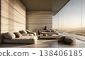 Modern Minimalist Interior with Textured Stone Walls and Desert View 138406185