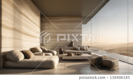Modern Minimalist Interior with Textured Stone Walls and Desert View 138406185